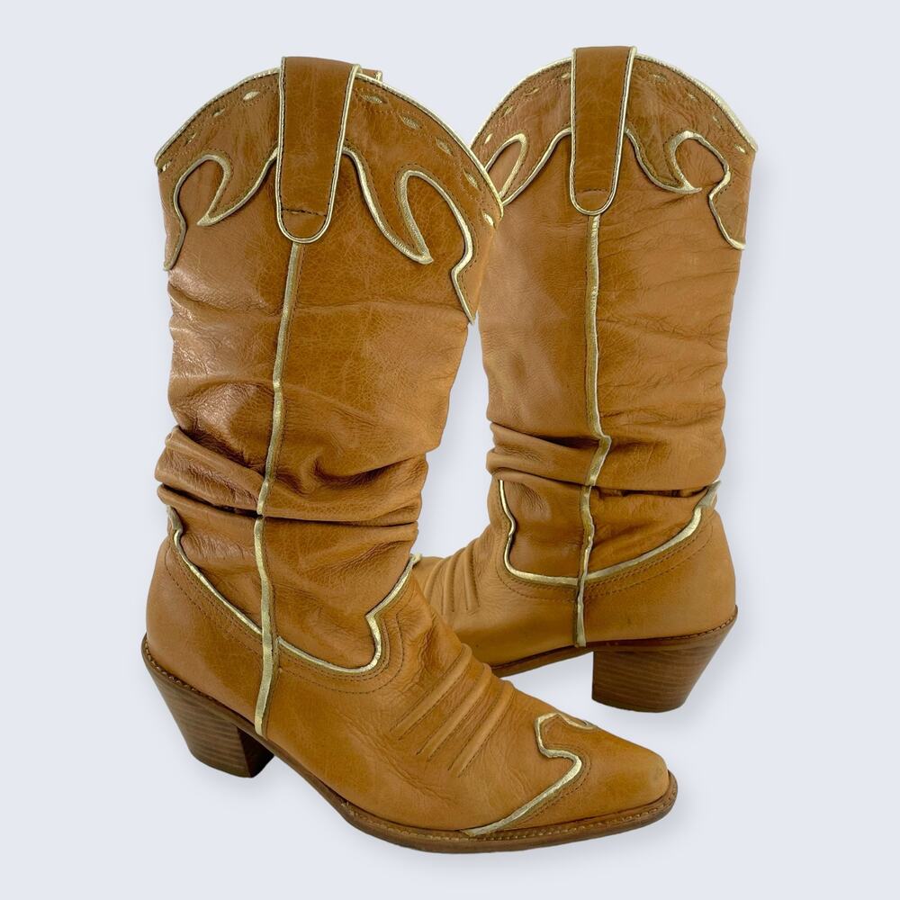 Naona Nana? Light Brown Leather Tall 2.5" Stacked Heel Western Cowgirl Boots 7.5
